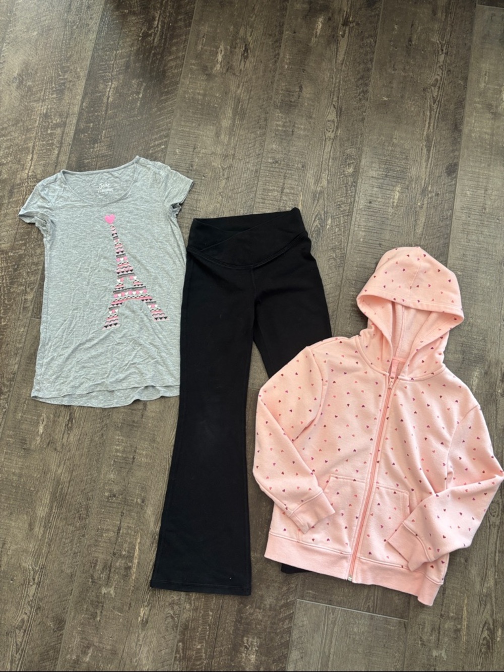 3 pc outfit Zip up hoodie with hearts, gray top and flare pants